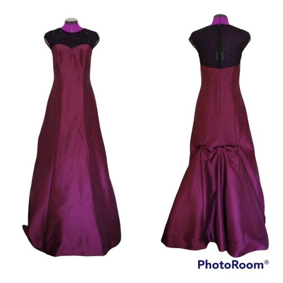 Monique lhuillier Burgundy Beaded Mesh Bodice Gown with Train - Picture 1 of 11